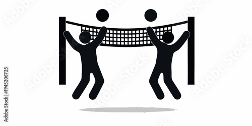 Two volleyball players silhouette, sport action icon, vector graphic, represents sports, active lifestyle, and team play, healthy lifestyle, black and white