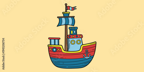 Colorful Pirate Ship Sailing on Waves Vector Illustration