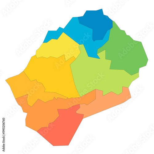 Lesotho political map of administrative divisions - districts. Rainbow spectrum colorful blank vector map.