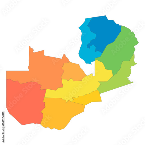 Zambia political map of administrative divisions - provinces. Rainbow spectrum colorful blank vector map.