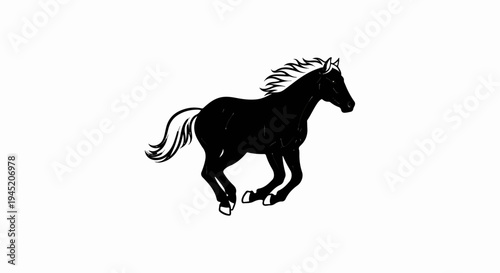 Black horse galloping with white mane and tail on white background