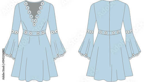Dress blue floral embroidered long sleeve elegant fashion illustration