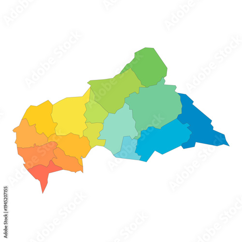 Central African Republic political map of administrative divisions - prefectures and autonomous commune Bangui. Rainbow spectrum colorful blank vector map.