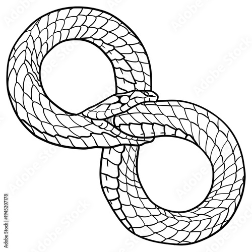 Ouroboros snake forming infinity symbol, detailed scale texture line art illustration, eternal cycle serpent eating tail, tattoo style isolated on background