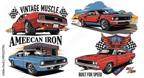 Vintage Muscle American Iron Cars - A Nostalgic Automotive Collage.