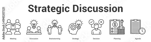 Strategic Discussion web banner icon set vector illustration concept for business with icon of Meeting, Discussion, Brainstorming, Strategy, Decisi.