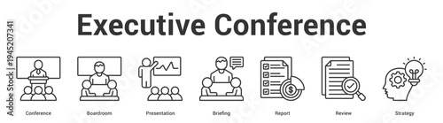 Executive Conference web banner icon set vector illustration concept for business with icon of Conference, Boardroom, Presentation, Briefing, Repo.