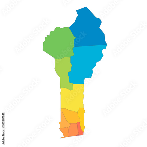 Benin political map of administrative divisions - departments. Rainbow spectrum colorful blank vector map.
