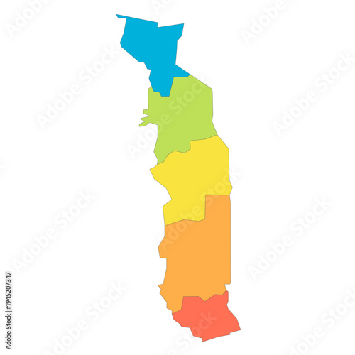 Togo political map of administrative divisions - regions. Rainbow spectrum colorful blank vector map.