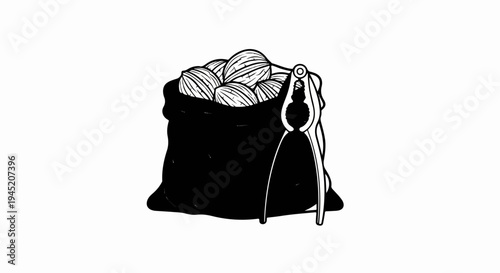 Black sack overflowing with striped nuts beside a nutcracker tool