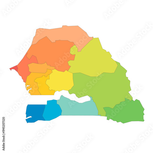 Senegal political map of administrative divisions - regions. Rainbow spectrum colorful blank vector map.