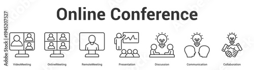 Online Conference web banner icon set vector illustration concept for business with icon of VideoMeeting, OnlineMeeting, RemoteMeeting, Presentation, Discussi.