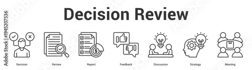 Decision Review web banner icon set vector illustration concept for business with icon of Decision, Review, Report, Feedback, Discussi.