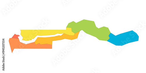 The Gambia political map of administrative divisions - regions and city of Banjul. Rainbow spectrum colorful blank vector map.