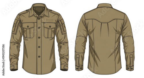 Tactical Long Sleeve Shirt Illustration - Front and Back View.
