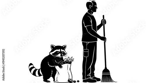 A man and a raccoon cleaning up trash together outside at night
