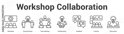 Workshop Collaboration web banner icon set vector illustration concept for business with icon of Workshop, Brainstorming, Team Meeting, Collaboration, Feedba.