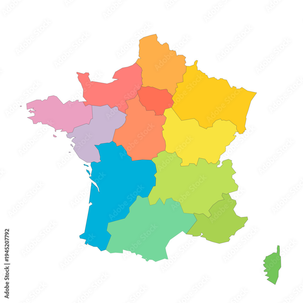 Obraz premium France political map of administrative divisions - regions. Rainbow spectrum colorful blank vector map.