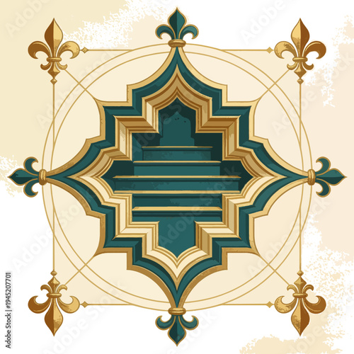 Geometric floral pattern design with gold accents and fleur de lis motifs