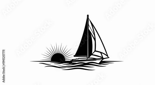 Black silhouette of a sailboat on wavy water with a rising sun