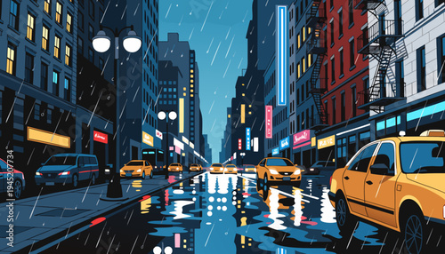 City street at night in rain, reflections on wet road, neon lights, cinematic urban photography.