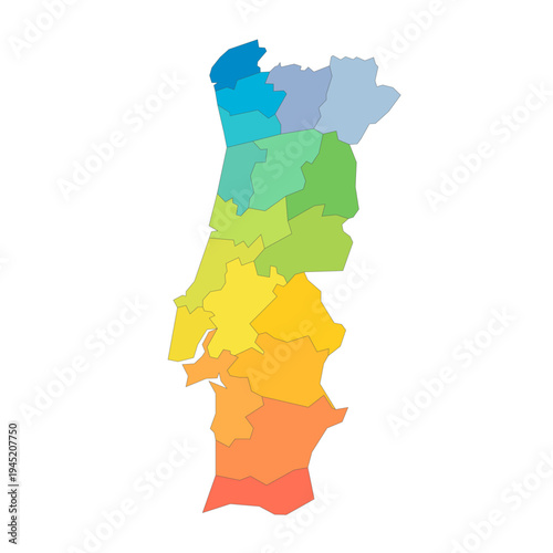 Portugal political map of administrative divisions - districts. Rainbow spectrum colorful blank vector map.
