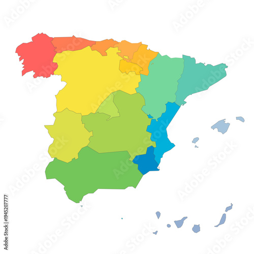 Spain political map of administrative divisions - autonomous communities and autonomous cities of Ceuta and Melilla. Rainbow spectrum colorful blank vector map.