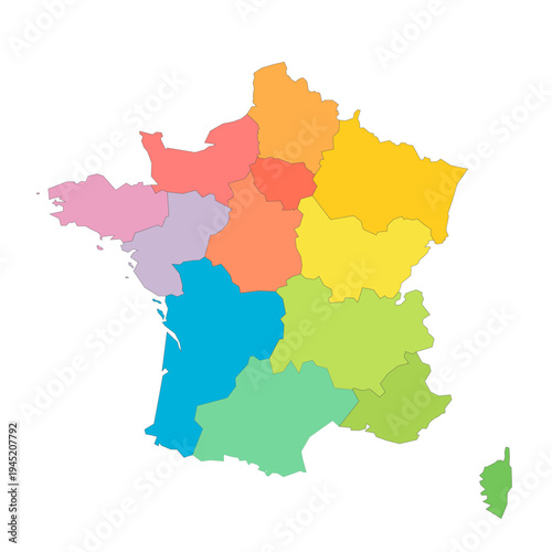France political map of administrative divisions - regions. Rainbow spectrum colorful blank vector map.