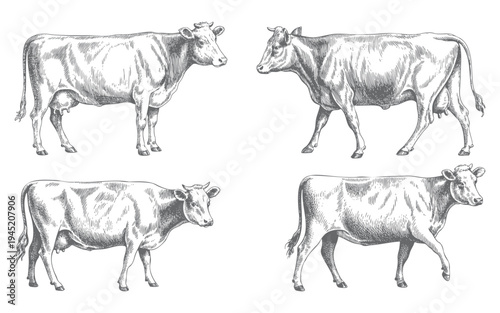 Vintage farm cattle illustrations in detailed ink engraving line art. Rural livestock cows illustrated in monochrome ink sketch technique.
