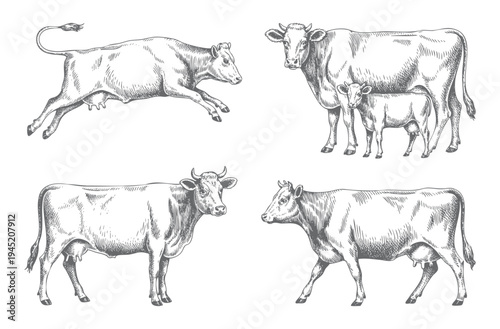 Vintage farm cattle illustrations in detailed ink engraving line art. Rural livestock cows illustrated in monochrome ink sketch technique.
