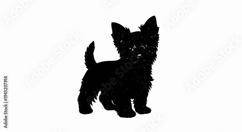 Black silhouette of a small, fluffy dog with pointed ears and a bushy tail