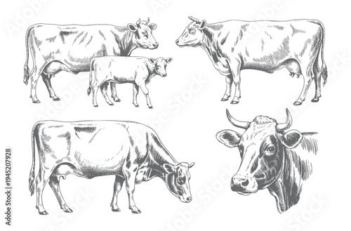 Vintage farm cattle illustrations in detailed ink engraving line art. Rural livestock cows illustrated in monochrome ink sketch technique.
