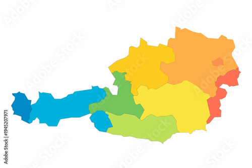 Austria political map of administrative divisions - federal states. Rainbow spectrum colorful blank vector map.