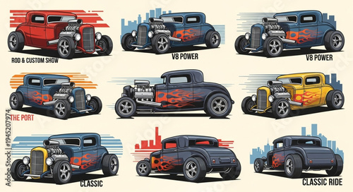 Collection of Classic Hot Rod Cars with Custom Paint Jobs and Designs.