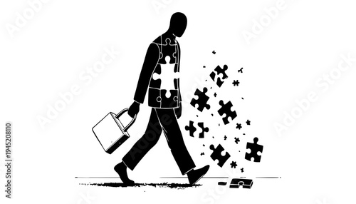 Businessman silhouette with briefcase and puzzle pieces falling apart