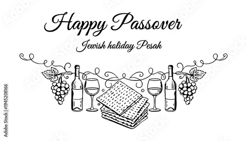 A Happy Passover Jewish holiday Pesah illustration with wine and matzah