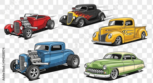 Collection of Classic Hot Rod Cars in Various Colors and Styles.