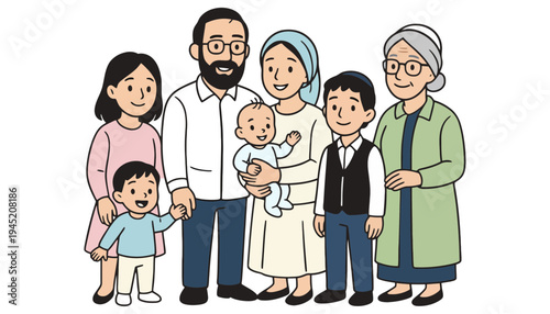 A diverse family illustration with multiple generations standing together happily