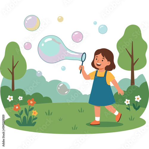 A young girl explores bubbles with a magnifying glass in a green park