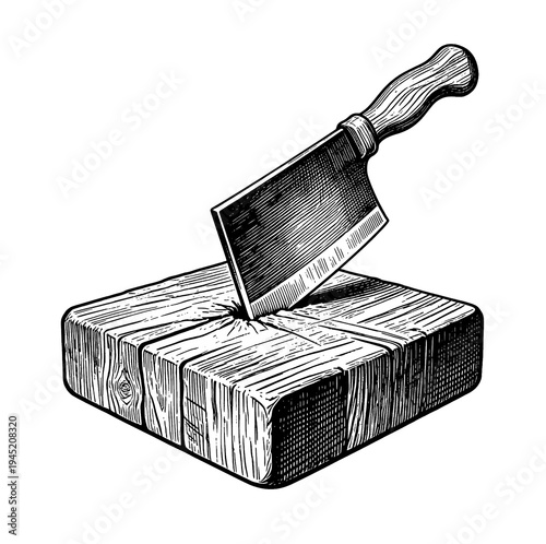 Antique meat cleaver knife etching illustration for vintage butchery bbq concept