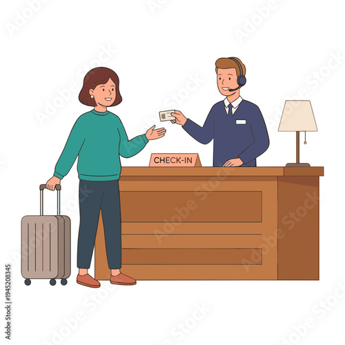 Woman checks in at hotel reception with suitcase and receives card from staff
