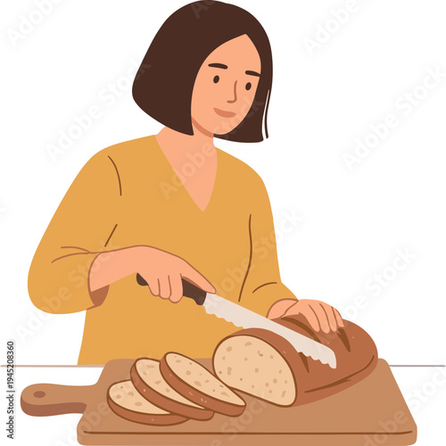 Woman slicing fresh bread on a wooden cutting board indoors
