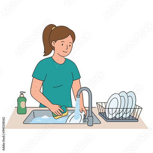 Woman washing dishes in kitchen sink with sponge