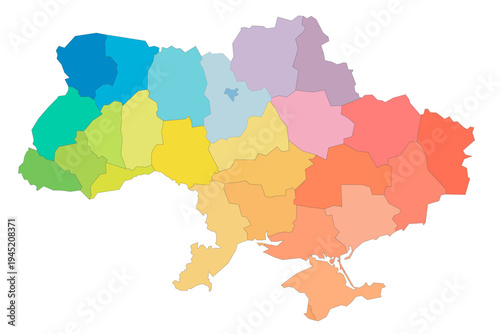 Ukraine political map of administrative divisions - regions, two cities with special status of Kyiv and Sevastopol, and autonomous republic of Crimea. Rainbow spectrum colorful blank vector map.