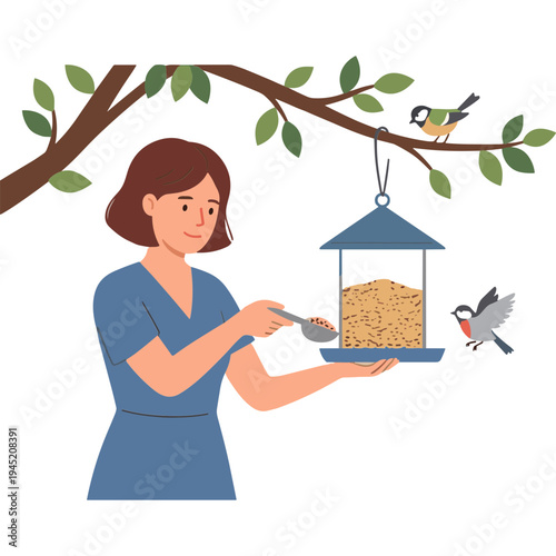 Woman feeds birds from a hanging feeder under a tree branch.