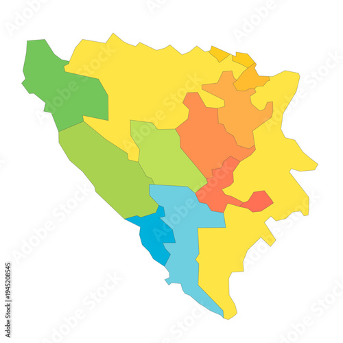 Bosnia and Herzegovina political map of administrative divisions - cantons of Federation of Bosnia and Herzegovina and Republika Srpska. Rainbow spectrum colorful blank vector map.
