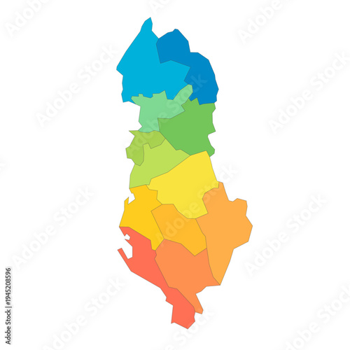 Albania political map of administrative divisions - counties. Rainbow spectrum colorful blank vector map.