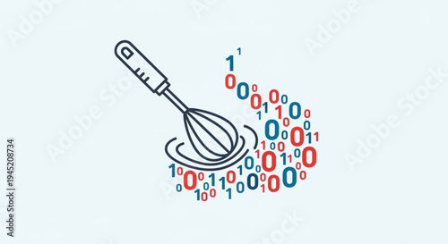 Whisk with binary code swirling around symbolizing data driven cooking and digital recipe innovation