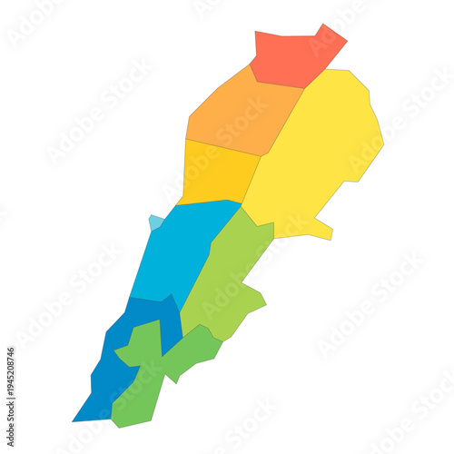 Lebanon political map of administrative divisions - governorates. Rainbow spectrum colorful blank vector map.