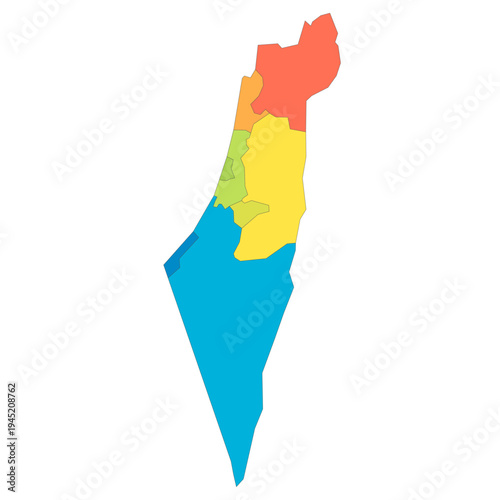 Israel political map of administrative divisions - districts, Gaza Strip and Judea and Samaria Area. Rainbow spectrum colorful blank vector map.